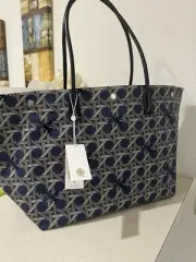Tory Burch Canvas Basketweave Large Women Tote Bag Navy With Dusty Bag