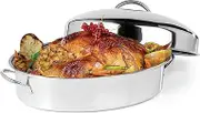 OVENTE Oval Stainless Steel Roasting Pan, 16” Oven Roaster and Baking Tray with Lid & Flat Rack, Nonstick Bakeware Dish Ideal for Cooking Turkey, Roasted Chicken, Beef or Veggies, Silver CWR32161S