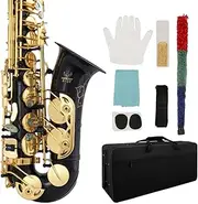 Bullstar Alto Saxophone Drop E Brass Sax Full Kit for Student Beginners with Carving, Mouthpiece, Carrying Case, Gloves, Cleaning Cloth Bar, Detachable Strap, Shoulder Strap, Reed S20 (Black)