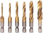 Yakamoz Combination Drill Tap & Tap Bit Set, 6Pcs 1/4" Hex HSS Shank Titanium Drill Tap Combination Bit Set Screw Tapping Countersink Drill Bits Metric Thread M3-M10