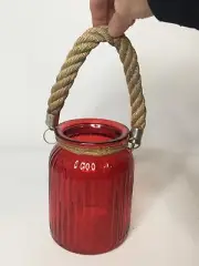 Decorative Hanging Jar ~ Red ~ Glass ~ 4.5" x 6" ~ Rope Handle ~ Candleholder