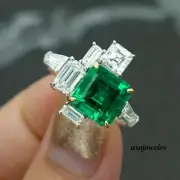 14K Two-Tone Gold Finish 3CT Asscher Cut Real Emerald Cluster Style Jewelry Ring