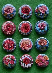 Roses Stained Glass Style Print / Buttons (Set of 12) / Various Size Options