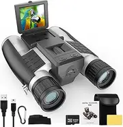 12x32 Large View Binoculars with Camera, FMC & BAK4 Prism Binoculars for Adults High Powered, 2" LCD Display 5MP 1080P Video Photo Recorder for Bird Watching Hunting, with 32GB Card, Silver