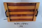 HANDMADE WOOD INLAY PATTERN SERVING TRAY W/METAL HANDLES