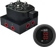 Air Ride Suspension Valve Block Solenoid Valve 12V 2 Port 200psi Direct Action + Air Pressure Gauge Dual Digital Display RED