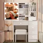 Morden Dressing Table Stool Set Makeup Mirror Vanity Desk Cabinet White Dresser