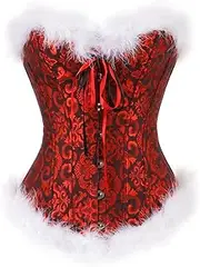 [Aonoapll] Christmas Red Corset Top Sexy Feathers Fur Trim Lace Up Boned Corset Mrs Santa Costume Overbust Bustier Top