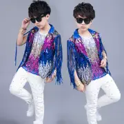 Kids Boys Waistcoat Vest Tank Top Dance Costume Glitter Sequin Tassels Dancewear