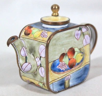 RARE! KEVIN CHEN ENAMELED COPPER HAND PAINTED BOWL OF FRUIT MINI TEAPOT 3" TALL