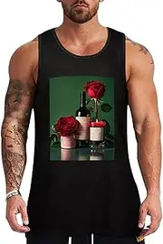 [NQHJT] Men Tank Tops Red Wine Rose and Candle Sleeveless T Shirts for Men's Fitness Quick Dry Gym Tank Top for Men