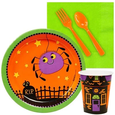 HALLOWEEN KIDS PARTY SNACK PACK 8 GUEST SPIDER HAUNTED HOUSE ORANGE & GREEN