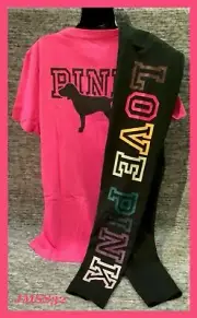 Victoria's Secret Pink Campus Tee Shirt + Leggings Set Neon Fuchsia Pink L XL