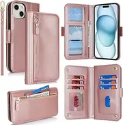 SunYoo for iPhone 15 Case Leather Wallet with Card Holders Money Slots Wrist Strap for Women Men RFID Blocking Purse for iPhone15 Zipper Coin Pocket Cover Kickstand Folio Flip Case Pink