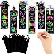 JUNEBRUSHS Scratch Bookmarks, Rainbow Magic Scratch Paper Art DIY Crafts Kit for Classroom Activity Gifts (Religious Style)