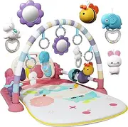 Jovow Baby Gym with Kick and Play Piano,Baby Play Mat Tummy Time Baby Activity Gym Mat with 5 Infant Learning Sensory for Baby, Music and Lights Boy or Girl Gifts for Newborn（Pink）