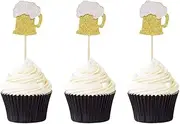 24 PCS Gold Glitter Beer Mug Cupcake Toppers Food Cake Picks Party Decor