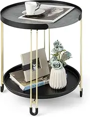 Giantex 2-Tier Round Side Table for Small Space, Accent End Table with Removable Tray & Metal Frame, Elegant Coffee Table, Faux Dolomite Nightstand for Living Room, Bedroom & Balcony