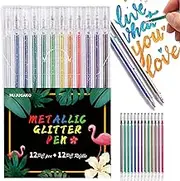 Glitter Gel pens, 24 Pack Metallic Sparkle Coloring Pen Art Markers with Case, 12 Colored Pen with 12 Glitter Refills for Kids Adult Coloring Book Drawing Crafts Scrapbooks Bullet Journaling