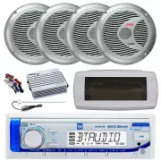 Dual Bluetooth Marine Radio,Cover,Antenna,Amp w/Kit, 4x 6.5" 150W Silver Speaker