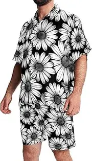[FNETJXF] Mens Hawaiian Sets, Mens 2 Piece Short Set, Men Beach Outfits Sets, Modern Floral Tropical Plant Pineapple Bird, Men Summer Outfits