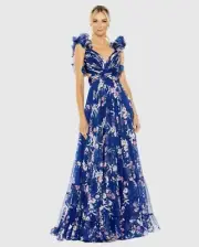 Beautiful Mac Duggal Blue Floral Ruffled Chiffon Gown , Sz 16 NWT