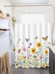 Clblhlolkuy Waterproof Shower Curtain for Bathroom, Summer Sunflower Watercolor Farm Country Yellow Hotel Fabric Soft Bath Curtain with Semi-Transparent Top Window & Hooks, 72"x72"