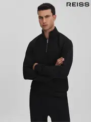 Reiss Black Williams Interlock Jersey Half-Zip Funnel Neck Sweatshirt (K74347) | $240