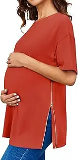 [Miladusa] Women's Maternity Shirts Short Sleeve Sweatshirt Zipper Split Side Pregnancy Casual Tunic Top