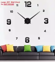 3D Black Surface Large Wall Clock Modern DIY Sticker Office Home Shop Art Decor