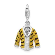 Sterling Silver Polished 3-D Cz & Black/Yellow Enamel Tiger Jacket W/ Lobster Clasp Charm