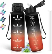 Drinking Bottle 1 Litre, Water Bottle with Straw, Sports Water Bottle with Time Marking, Drinking Bottle for Carbonated Drinks, Can Be Carried, for Fitness, Yoga, Camping, Hiking, Black/Red