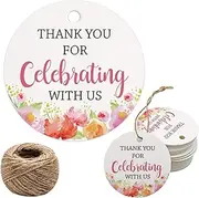 Thank You for Celebrating with Us Tags, 100Pcs Floral Thank You Tags for Wedding Birthday Baby Shower Party Favors, Paper Gift Tags with 100 Feet Jute String