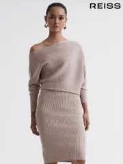Reiss Neutral Lara Off-The-Shoulder Ribbed Midi Dress (N36480) | $350