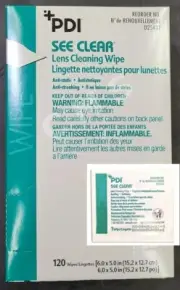 PDI SEE CLEAR Photo Lens Cleaning Wipes Eyeglasses Anti-Fog 5x6" 120/bx D25431