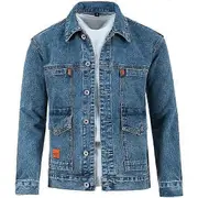 Men Autumn Jacket Long Sleeves Thermal Buttons Pure Color Autumn Denim Jacket for Daily Wear blue L