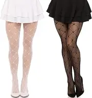 [YNR] 2 Pairs Women's Patterned Fishnet Fashion Tight, White Lace Tights, Black Patterned Net Stockings, Love Heart Shape, High Waist Fishnet Tights for Women Dancing Party Supplies (White, Black