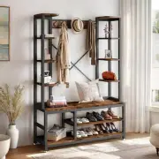 Entryway Coat Hat Rack & Shoes Bench Storage 2 Side Shelf Wooden 7 Hooks