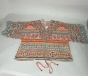 Chicos Women Top Size 0P Mosaic Fringe Cuffs Kimono Sleeve Zip Front Blouse Boho