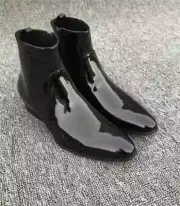 Handmade Mens Patent Leather Boots Black Chelsea Pure Leather Sole Side Zipper