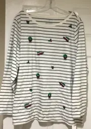 NWT Talbots 1X Cream Stripe Christmas Print Pullover Knit Top