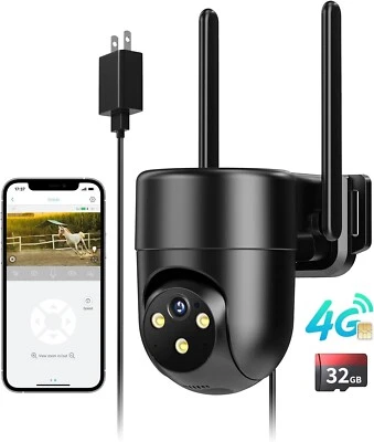 Security Camera 4G LTE Cellular Wired 24/7 Recording 360° View 2K Color Night