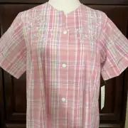 Miss Elaine Robe Snap Front Pink Plaid Pockets Short Sleeve Womens Size M