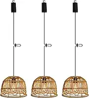 3 Outdoor Hanging Light Fixtures for Gazebo Battery Operated Handmade Bohemian Pendant Light Rattan Shade Decorative Lights Remote LED Lantern Powered by 4 AA Batteries for