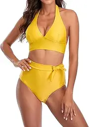 [Generic] Women Push Up Tummy Control Bathing Suits Two Piece Vintage Swimsuit Retro Halter Ruched High Waist Bikini with Bottom