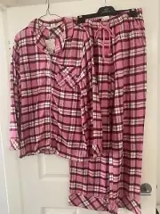 Peter Alexander Ladies Pink/Berry Check Flannelette Pyjama Set Medium