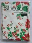 Vtg Christmas Poinsettia Holly Gold Tablecloth Vinyl FlannelBack 52 x 70 Oval IP