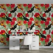 3D Parrot Flowers Leaves Pattern Self-adhesive Removable Wallpaper Murals