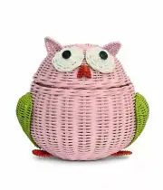 Rattan Owl Hoot Storage Basket Storage Pink Hand Woven Organizer Wicker Decor