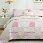 3 Pieces Quilt Set Queen Size, Pink Patchwork Quilt Set Bedding Set Bedspread...